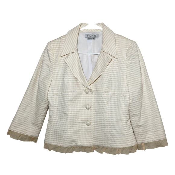 VTG Kay Unger Blazer Jacket Collared Button Up Tulle Hem Striped White Cream 6 - Picture 1 of 6